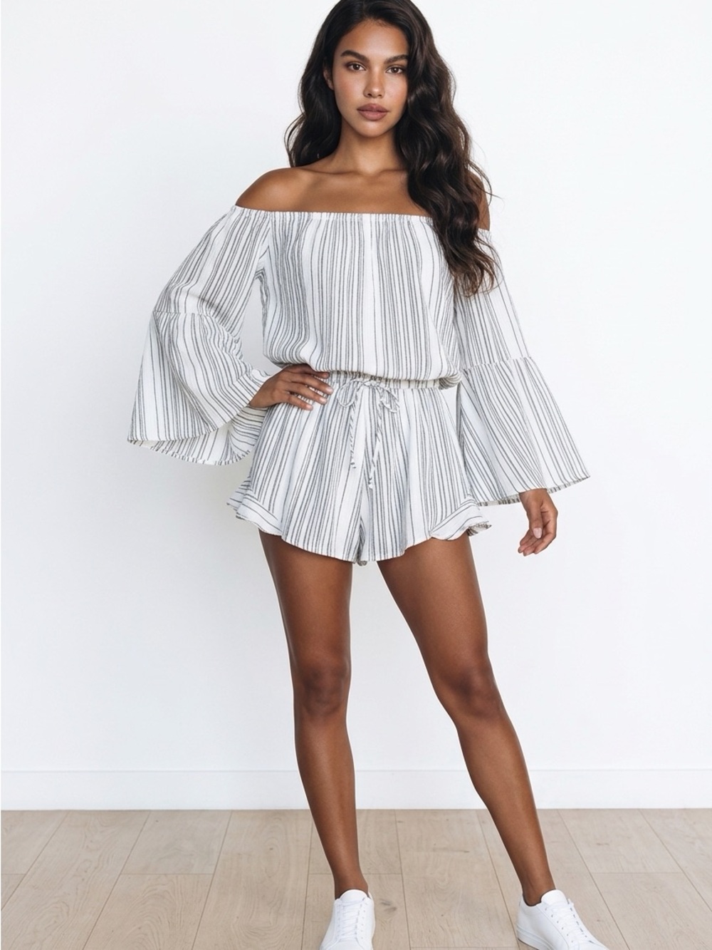 Striped Off-Shoulder Romper in White and Black